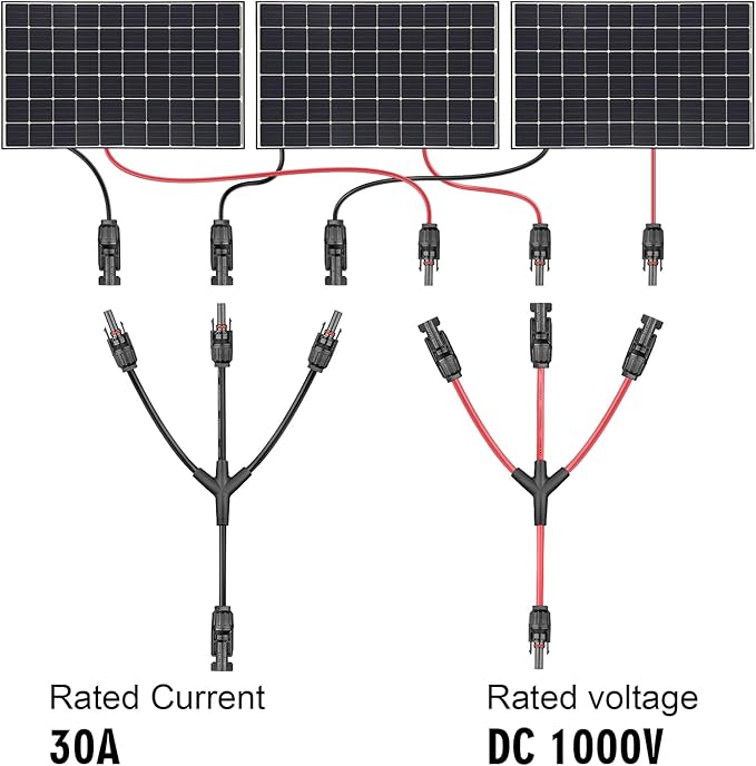 Solar Panel Connectors 3 to 1 Y Branch PV Connector Kit 1 Pair Solar Parallel Adapter 30A IP67 Waterproof Solar Panel Splitter Cable for RVs Roof (M/FFF, F/MMM)