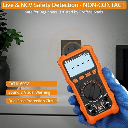 Neoteck 6000 Counts Digital Multimeter for DC AC Voltage/Current TRMS Voltmeter with Test Probe Auto Range Multimeter with NCV Live for Temperature Capacitance Resistance Diode Continuity-Orange