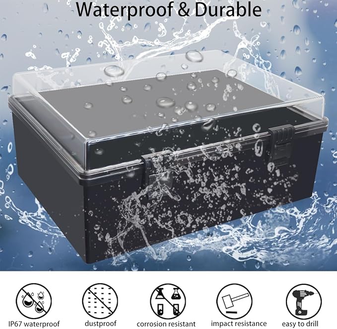 Junction Box, Hinged Black Clear Cover IP67 Waterproof ABS Project Box with Mounting Plate Electrical Box Enclosure with Wall Bracket 15.7 x 11.8 x 7.9inch(400x300x200mm)