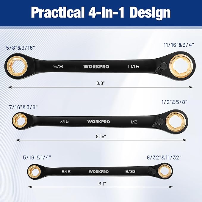 WORKPRO 3-Piece 4-in-1 Reversible Ratcheting Wrench Set, 12 Sizes in 3 Wrenches (1/4"-3/4"), SAE, Anti-Slip, Double Box End, 72-Tooth, CR-V, 6-Point, with Storage Bag - for Repair & Maintenance