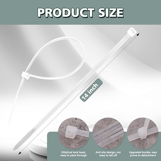 White Clear Zip Ties 14 Inch (100 Pack) - 60 lb Heavy Duty UV Resistant Self-Locking Nylon Cable Ties for Outdoor Use