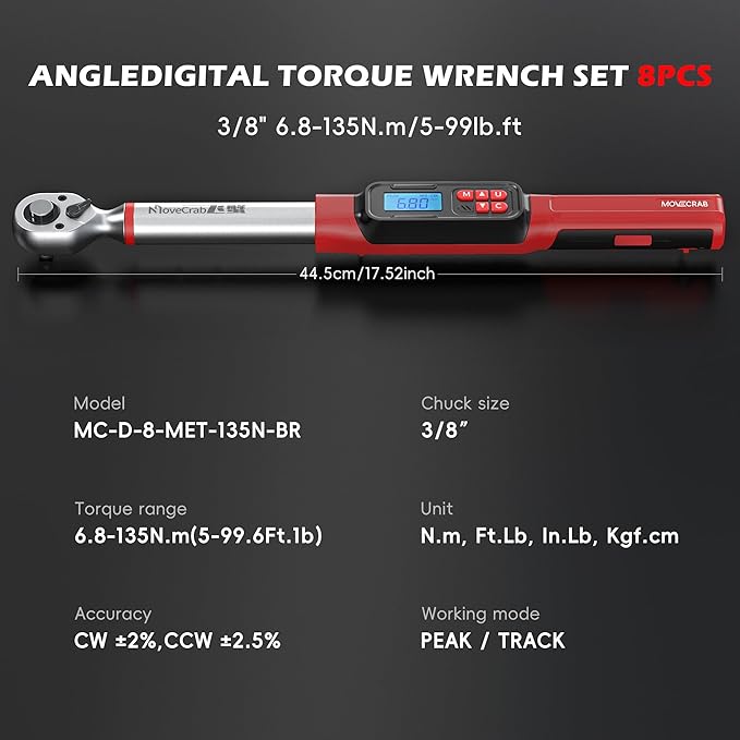 Digital Torque Wrench, 3/8" Drive 5-99.6 Ft.lb/6.8-135 N.m, Electronic Torque Wrench with Buzzer & LED Indicator, Rachet Torque Wrench Set for Bike Motorcycle Car Tire Auto Repair