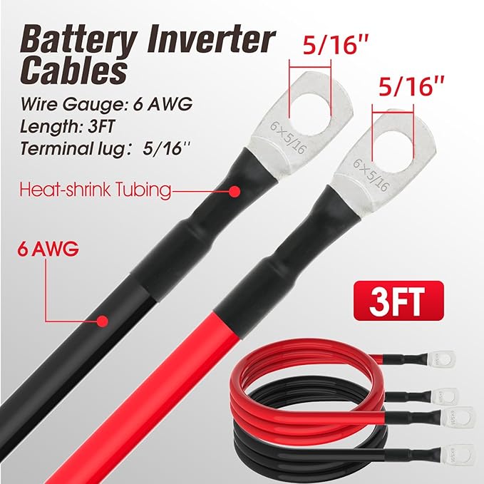 6 AWG Battery Cable 6AWG Gauge Battery Inverter Cables for Automotive Solar Marine Boat RV Car Motorcycle (6 AWG, 3FT, 5/16")