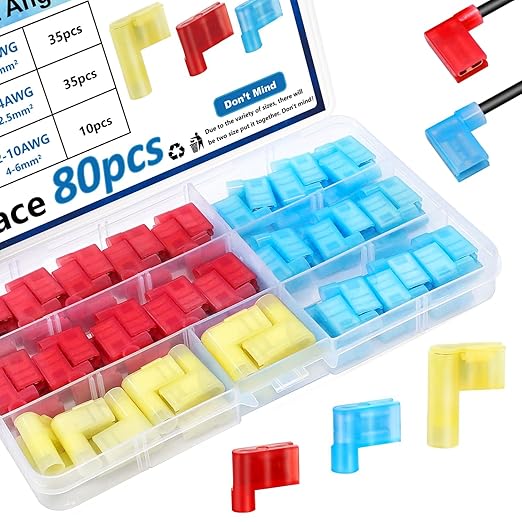 smseace 80Pcs Right Angle Spade Connector 22-18/16-14/12-10AWG Nylon Quick Disconnect Flag Terminal Red/Yellow/Blue 90 Degree Wire Terminal Connector