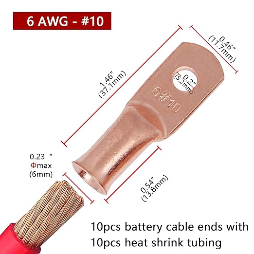 TKDMR 10pcs 6 AWG- #10 Battery Lugs,Heavy Duty Wire Lugs,Ring Terminals,Battery Cable Ends,0 Guage terminals,Battery Terminal Connectors with 10pcs 3:1 Heat Shrink Tubing