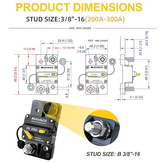 E9 3/8" Studs 200 Amp Circuit Breaker with Manual Reset | 12V - 48V DC | Waterproof IP67 Switchable 200A - Extended Surface Mount