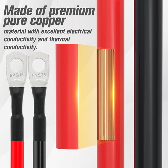 6 AWG Battery Cable 6AWG Gauge Battery Inverter Cables for Automotive Solar Marine Boat RV Car Motorcycle (6 AWG, 7FT, 5/16")