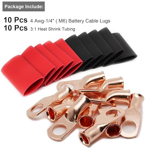 TKDMR 10pcs 4 AWG-1/4 Battery Lugs,Heavy Duty Wire Lugs,Ring Terminals,Battery Cable Ends,0 Guage terminals,Battery Terminal Connectors with 10pcs 3:1 Heat Shrink Tubing