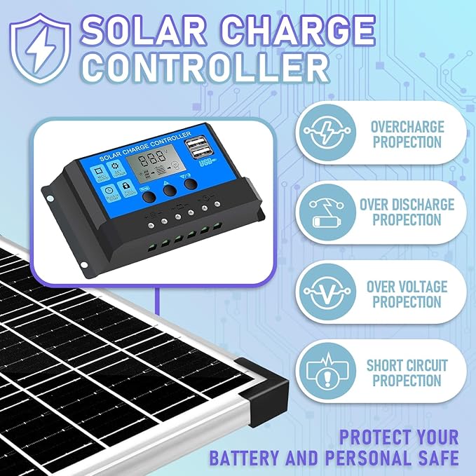 Solar Panel Kit 30W 12V Monocrystalline,Battery Maintainer +10A Solar Charge Controller + Extension Cable with Battery Clips O-Ring Terminal for RV Marine Boat Off Grid System