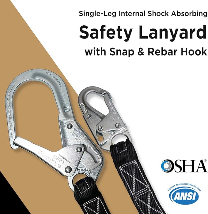 AFP 6FT Single Leg Internal Shock Absorbing Safety Fall Protection Lanyard with Pelican Rebar & Snap Hook |Heavy-Duty Webbing | Roofer, Construction, Scaffolding PPE | OSHA & ANSI Rated