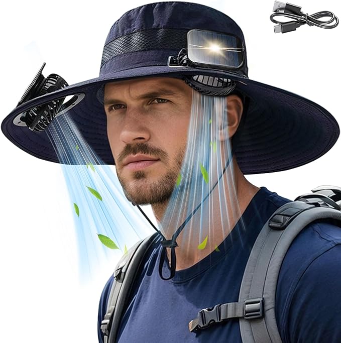 Solar Fan Hat for Men Women, Wide Brim UPF50+ Sun Hat with 2 Removable Fan 3-Speed Wind Solar&USB Charging