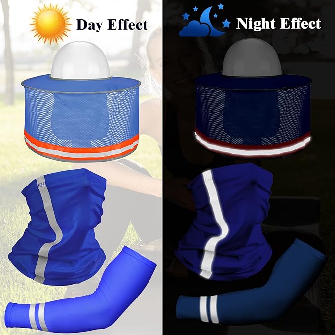 SATINIOR 3 Pcs Sun Hard Hat Neck Protection High Visibility Full Brim Mesh Sun Protection Bandana Headband Arm Sleeves with Reflective Strap for Construction Helmet Hard Hat(Blue)