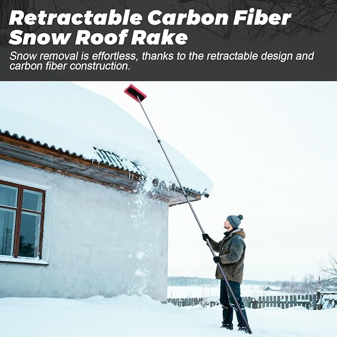 DOBEN Carbon Fiber Snow Roof Rake, 4.7-24FT Extendable Pole, EVA Foam Roof-Safe Head for Gentle Snow Removal, for Roofs, Solar Panels, RVs & Cars