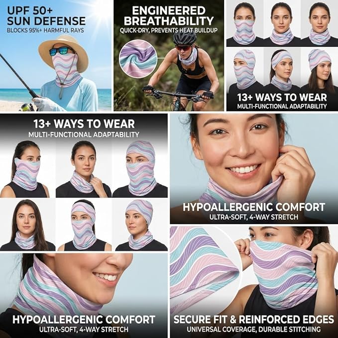 UPF 50 Sun Protection Neck Gaiter - 13-in-1 Multifunctional Face Cover for Hiking, Fishing, Cycling