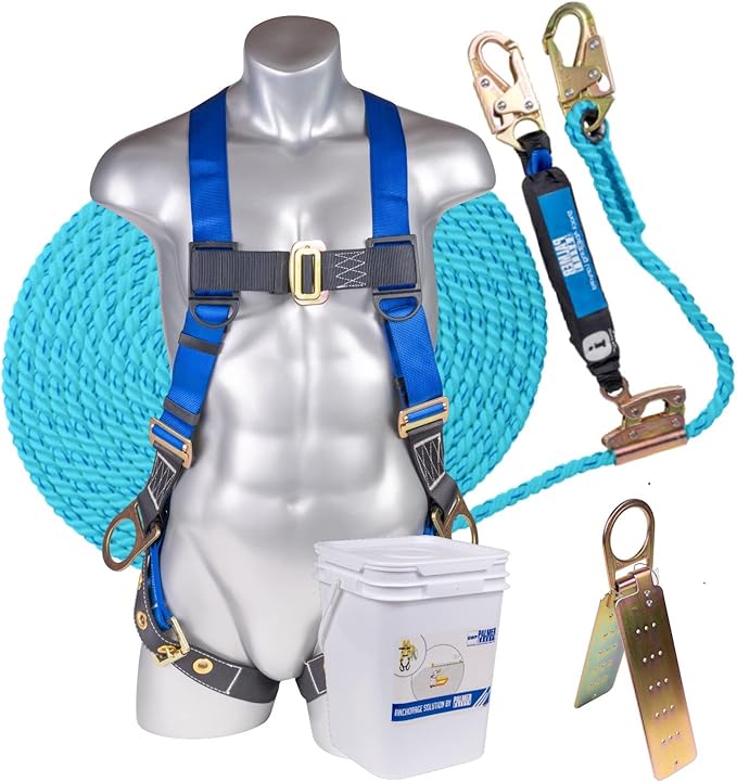 Palmer Safety Fall Protection Roofing Bucket Kit I Full-Body Harness, 50' Vertical Rope & Anchor Set I Safety Harness Kit