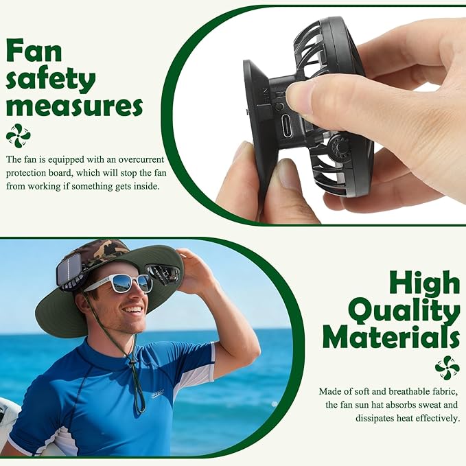 Berlune Men Sun Hat with 2 Solar Fans Wide Brim Outdoor Fishing Hat USB & Solar Powered for Sun Protection Camping Hiking