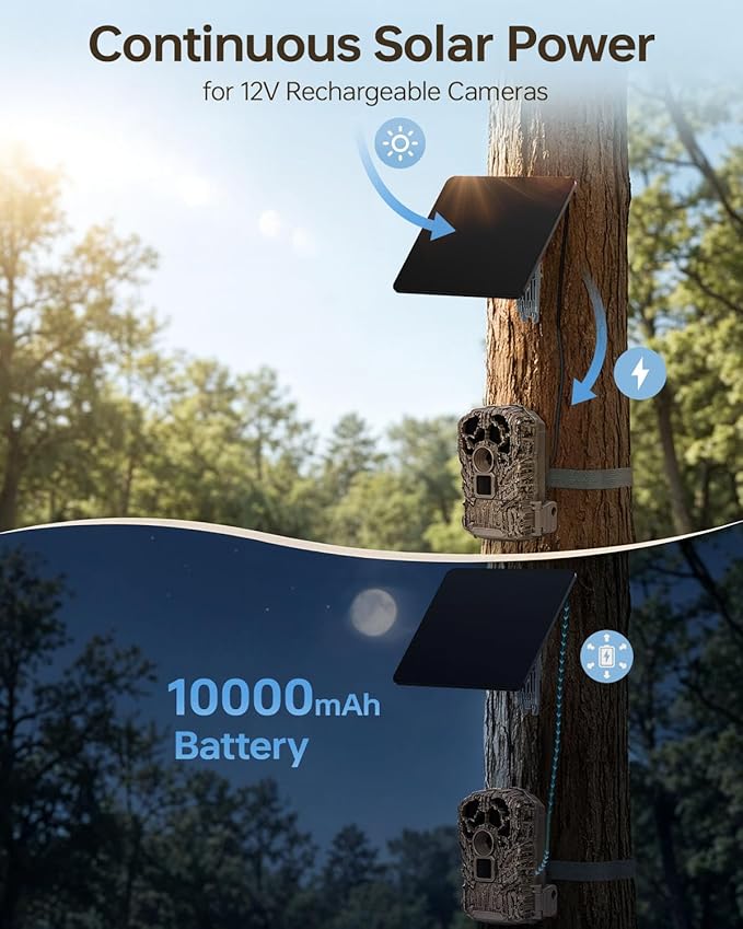 KJK 6W Trail Camera Solar Panels, Solar Battery Charger 12 Volt, Waterproof Hunting Accessory, Ideal for 24/7 Wildlife Monitoring, Compatible with All Wireless/Cellular Trail Cameras, 10000mAh Battery