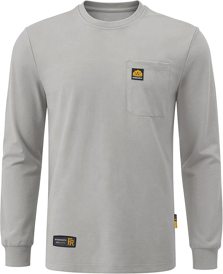 WORKWEYA Men's FR Shirts 6.5oz Lightweight Long Sleeve Flame Resistant T-Shirt NFPA 2112/CAT2
