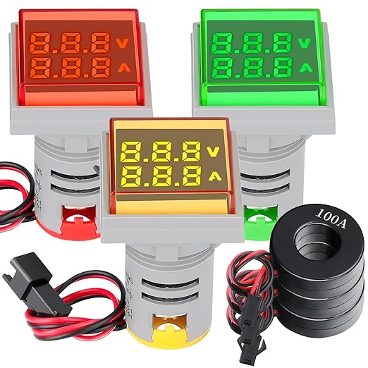 DROK AC Volt Amp Tester, 3pcs AC 60-500V 100A Voltage Current Monitor Digital LED Display Voltmeter 110v 220v Volt Detetor Green Red Yellow Signal Indicator Light Panel