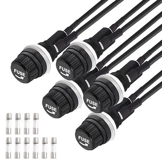 Tnisesm 5 Pcs Panel Mounted 5x20mm Screw Cap Fuse Holder with Pre-Soldered Wires AC 250V 10A/AC 125V 15A with 10 Pcs Glass Tube Fuse(10A+15A)