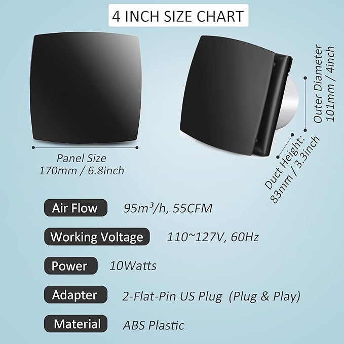 4in Black Bathroom Exhaust Fan for Window, 55CFM IPX4 ABS Plug-in Extractor Fan Attic Fan w/Anti-Backflow Damper for Toilet, Office, Kitchen, Garage (US Cord)
