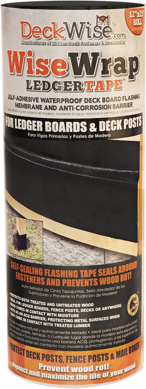 DeckWise WiseWrap LedgerTape 12" x 25' Self-Adhesive Deck Ledger Board and Wood Post Flashing Tape for Hardwood, Thermal Wood, PVC, Pressure Treated, and Composite Decking (1 roll)