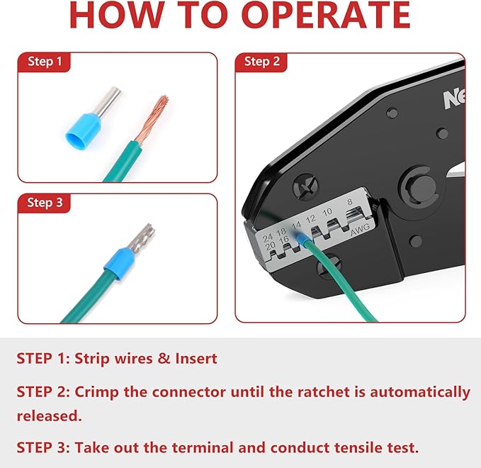 Newdeli Ferrule Crimping Tool 24-8 AWG Wire Ferrule Crimper - Ratchet Wire Crimper Tool for Ferrule Connectors Electrical Wire Terminals Ratcheting Crimping Plier Crimp Tool