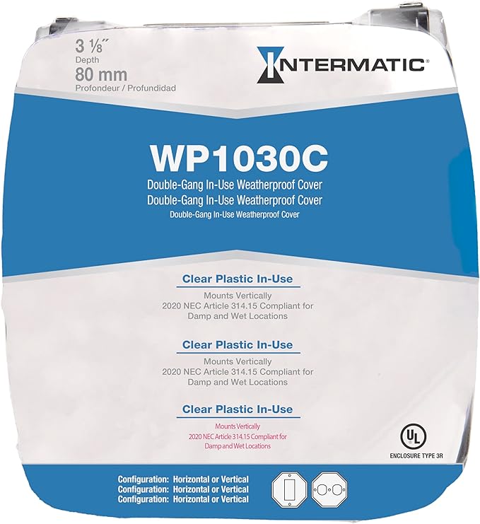 Intermatic WP1030C 3-1/8” Deep Weatherproof Outlet Cover – UV Stabilized Clear, GFCI & Duplex, Vertical Mount, UL Certified – Fits Single Device Only for Larger Double-Gang 4” x 4” Boxes