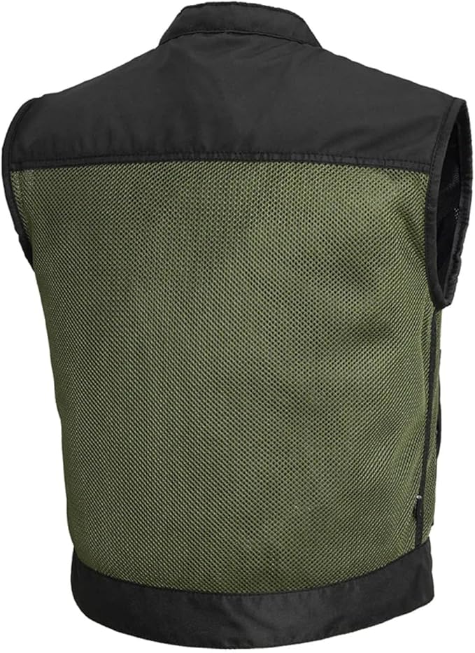 First Mfg Co Lowrider Mens Motorcycle Biker Riding Armor Club Style Black Leather, Twill, Moto Mesh, Perforated Vest