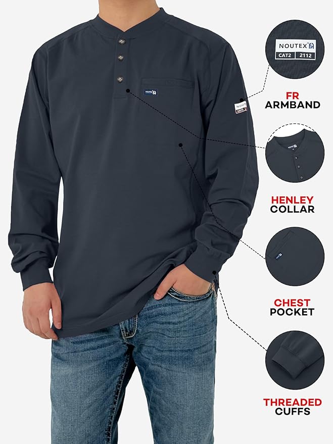 FR Shirts for Men 6oz Lightweight Stretch Work Shirt Flame Resistant Long Sleeve Henley Shirt CAT2