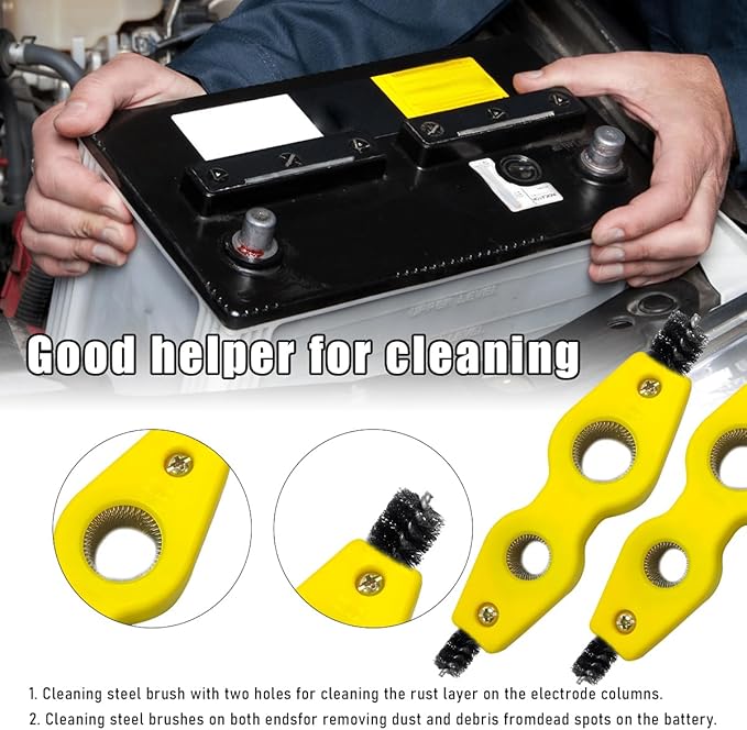 Car Battery Terminal Cleaning Brush, 4 in 1 Steel Wire Brush for Battery Terminal Cleaning, Anti-Corrosion Auto Machine Part Battery Terminal Cleaning Tool, Car Accessories (Yellow 2 PCS)