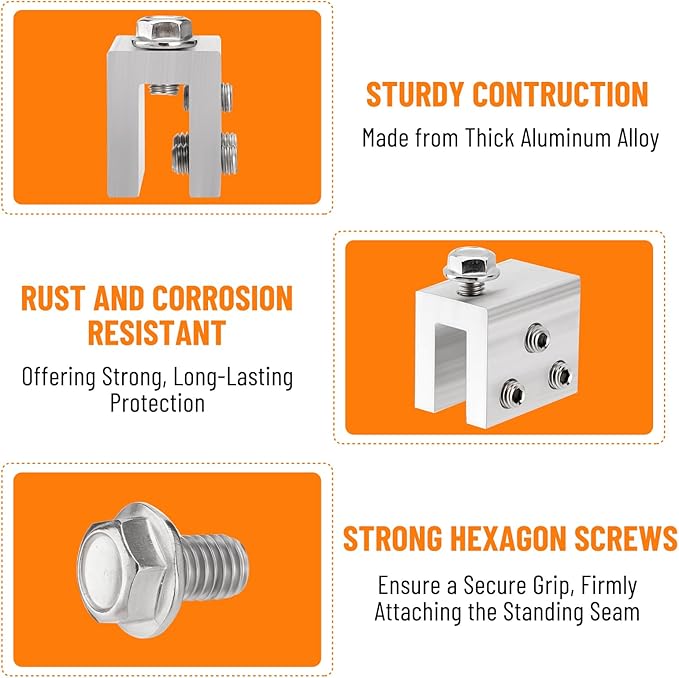 12PCS Standing Seam Roof Clamps, Metal Roof Fixing Clamps, Racking Bracket for Solar Panel Module Installation, Starlink Base, Heat Cable and Snow Guard Attachment