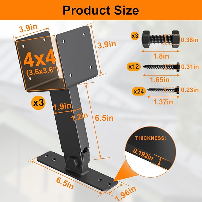 4x4 Heavy Duty Roof Riser Brackets Kit, TROPTOLKY Adjustable Angle Pergola Brackets, Black Metal Roof Riser Beam Bracket for Roof Pergola Gazebo Patio Cover (3 Pack)