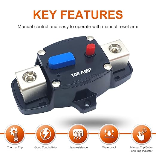 Erayco 200 Amp Circuit Breaker with Manual Reset, 12-48 Volt DC, 0-8 Gauge Trolling Motor Car Stereo Audio Inline Fuse Block Holders Inverter for Automotive Rv Marine Boat (200A)