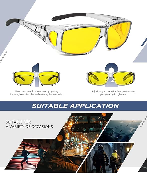 KALIYADI Night-Vision-Glasses Fit-Over-Glasses Wrap-Around Glasses: Anti Glare Night Driving Glasses for men women HD Lens