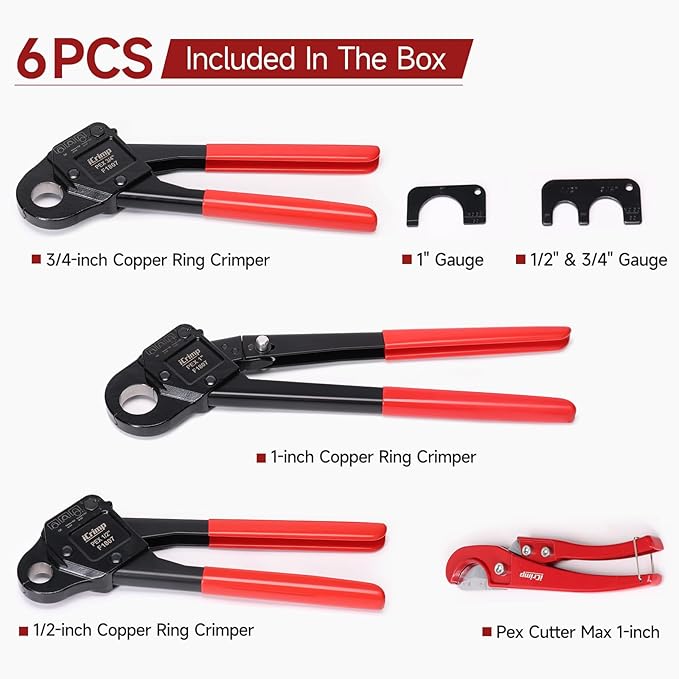 iCrimp Angle Head F1807 PEX Pipe Crimping Tool for Copper Rings - 1/2&3/4&1-inch Three Crimper Set with Cutter, Suitable for Tight Spaces