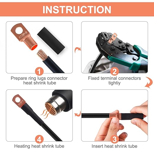 Copper Wire Lugs,Terminal Connectors,Used on AWG12 10 8 6 4 2 Cable,Heat Shrink Set,Bare Copper Eyelets,Ring Terminals Connectors,120Pcs Battery Cable Lugs Ends and 140Pcs Heat Shrink Tubing (260PCS)