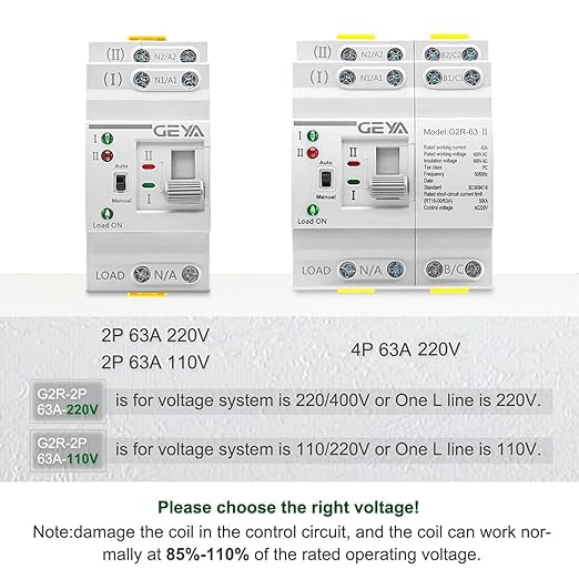 GEYA Mini ATS Dual Power Automatic Transfer Switch Electrical Selector Switches Uninterrupted Power Din Rail(2Pole-63A-AC110V)