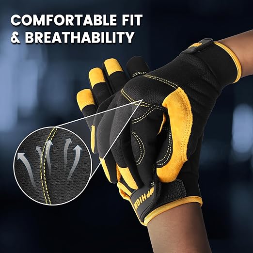 JUMPHIGH Safety Work Gloves, Men's Utility Mechanic Working Gloves for All Purpose, Touchscreen Compatible, Flexible Breathable Fit, Knuckles & Palm (M)