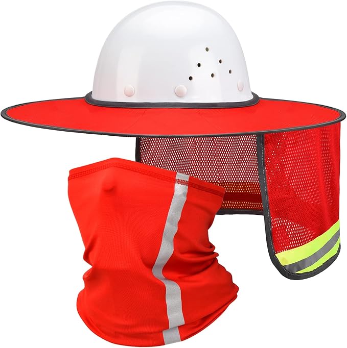 SATINIOR 2 Pcs Sun Hard Hat Neck Protection High Visibility Full Brim Mesh Sun Protection and Neck Gaiter Bandana Face Scarf for Construction Helmet Hard Hat Accessories, Reflective(Red)