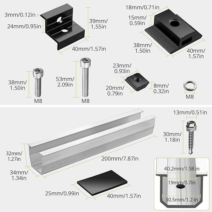 Anbte 6Pcs Solar Panel Bracket Kit, Aluminium Solar Panel Roof Mounting Kit 7.87" Mounting Rail 30mm/35mm Solar Panel Mounting Brackets for Metal Roof, Tin Roof, Flat Roof, Sheet Roof