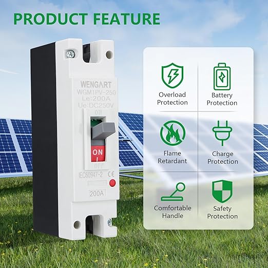 Wengart 200 Amp DC MCCB Circuit Breaker, 250V 1-Pole Molded Case Breaker for High-Capacity Solar Inverters, Battery Bank & Off-Grid Power Systems, WGM1PV-250 Heavy Duty DC Protector