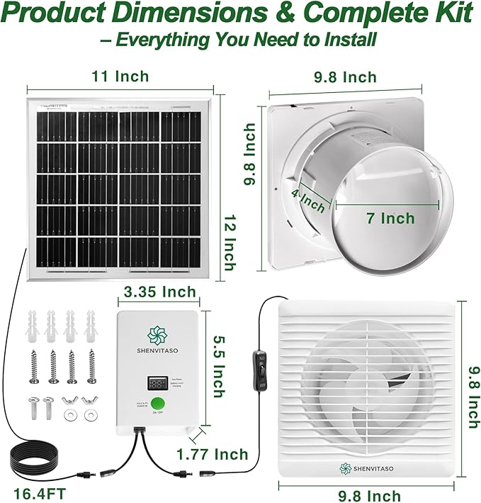 Solar Powered Exhaust Fan Kit, 25W 8" Ventilation Fan with 7500mAh Battery, 430CFM, IP44 Waterproof, for Chicken Coop, Greenhouse, Sheds, RV, Outdoor Cooling