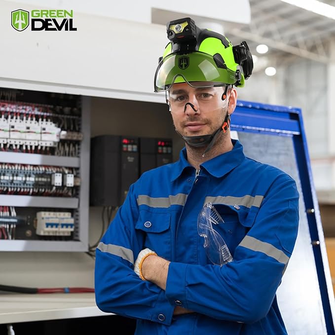 GREEN DEVIL Hard Hat Safety Helmet with Rechargeable Headlamp Light and Visor Ear Muffs Vented Work Hardhat ANSI Z89.1 Cascos De Construccion for Industrial Construction Forestry