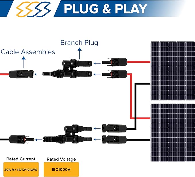 2 Pcs Solar T-Connectors IP67 Waterproof Solar Panel Cable Connectors | Solar String Splitter/Joiner - (1-2 (M/FF and F/MM)- 1 Pair)