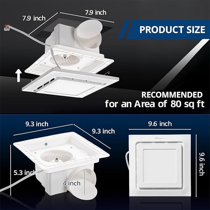 10" Bathroom Exhaust Fan with Light, 8" x8" Ceiling Opening, 110 CFM Powerful 1.0 Sone Quiet Vent Fan, 2600lm 6000K Color LED Light, Easy to Install, Space Saving Bathroom Ventilation