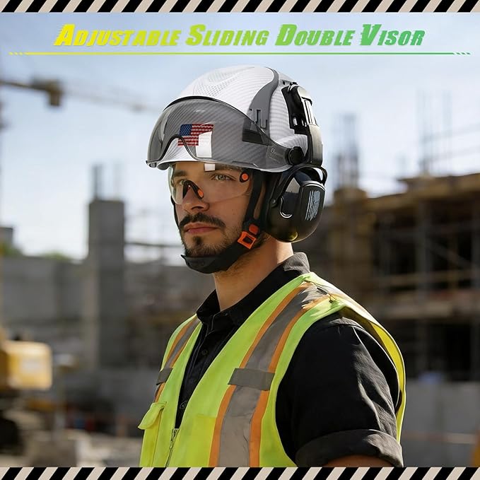 Hard Hat with Dual Visor and Hearing Protection-OSHA Approved Construction Hard Hats with Visor Sunglasses Earmuffs for Men,Vented Forestry Chainsaw Arborist Helmet with Chin Straps