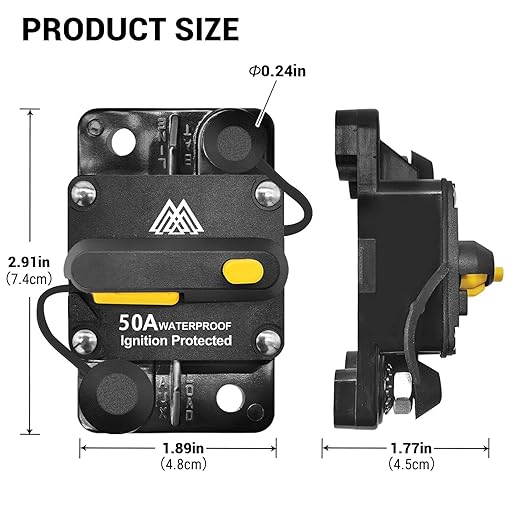50Amp Circuit Breaker for Trolling Motor Marine Boat ATV Vehicles Stereo Audio Solar Battery System with Manual Reset Inline Fuse with 1/4" M6 Screw Stud DC IP67 Waterproof 12-48V