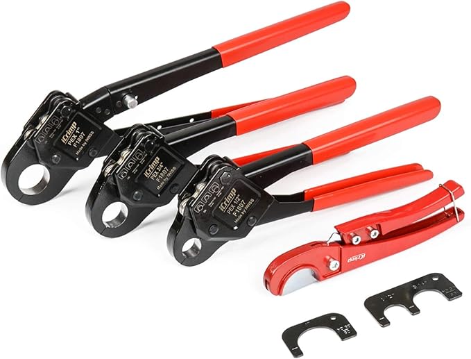 iCrimp Angle Head F1807 PEX Pipe Crimping Tool for Copper Rings - 1/2&3/4&1-inch Three Crimper Set with Cutter, Suitable for Tight Spaces
