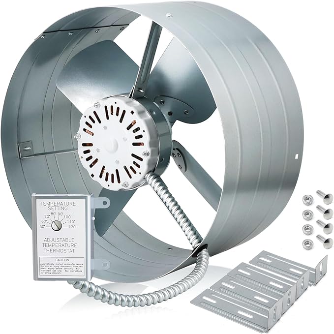Hiorucet Upgraded 15 Inch Exhaust Fan for Gable Vent, 1300CFM 1850 SQF High Performance Low Noise Gable Mount Attic Fan with Adjustable Thermostat, 14'' Blade and Permanently Lubricated Motor 1075RPM.